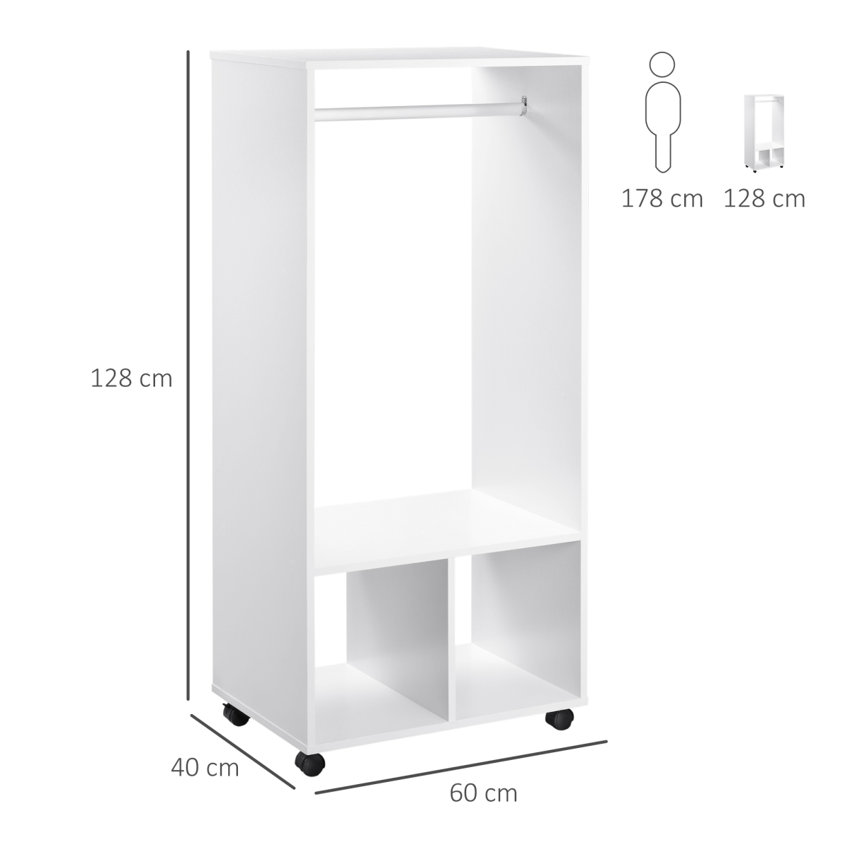 Open Wardrobe Clothes Rail with Shelves & Wheels, White