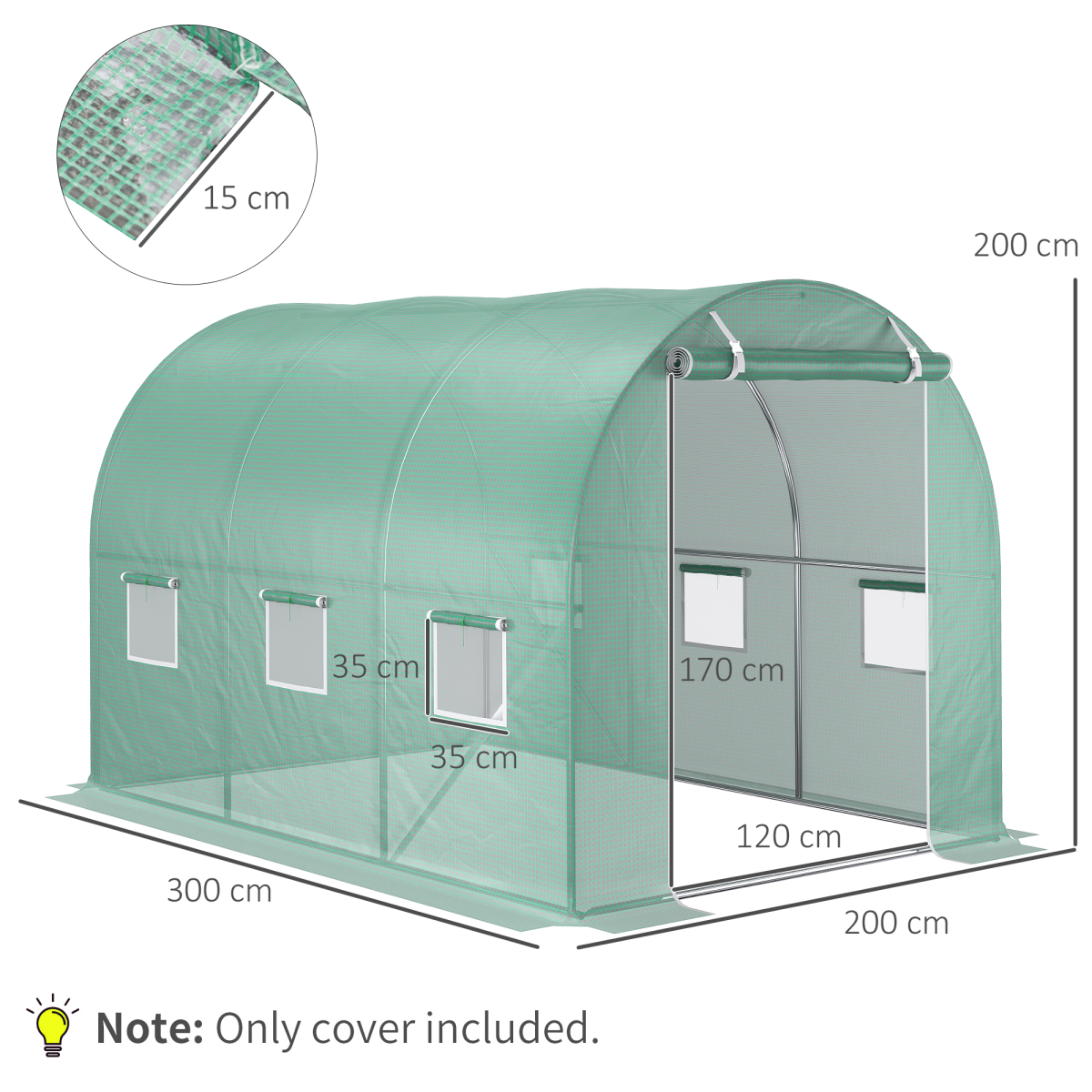 Outsunny 10x7ft Tunnel-Style Greenhouse Replacement Cover with Zipped Roll-Up Front Door, 6 Windows and 20cm Overlap Edges