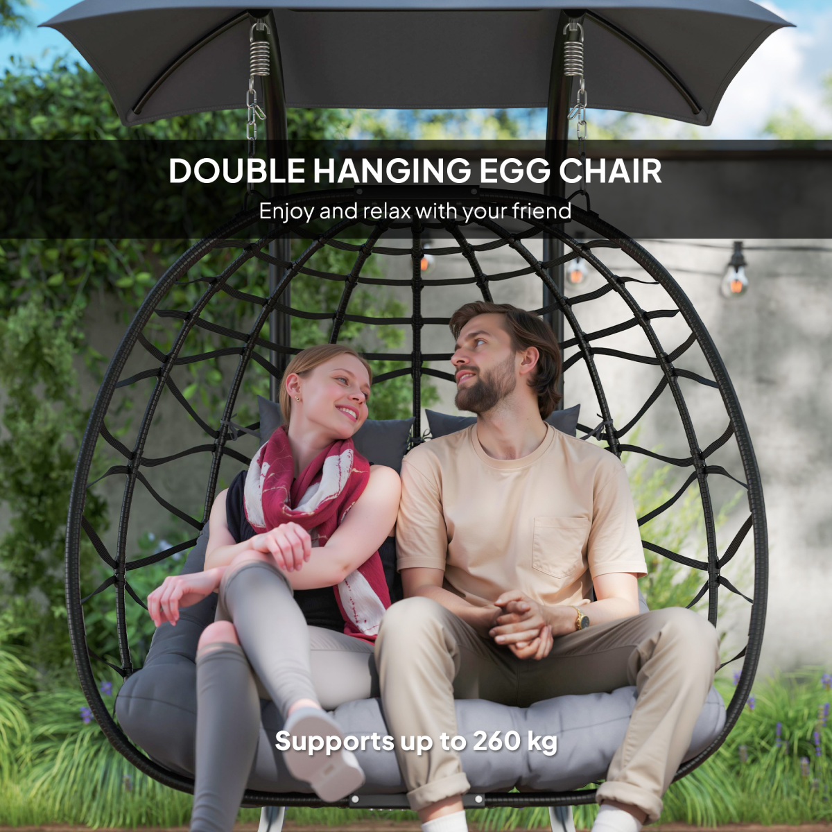 Outsunny Rattan Double Hanging Egg Chair with Canopy & Cushion, Black