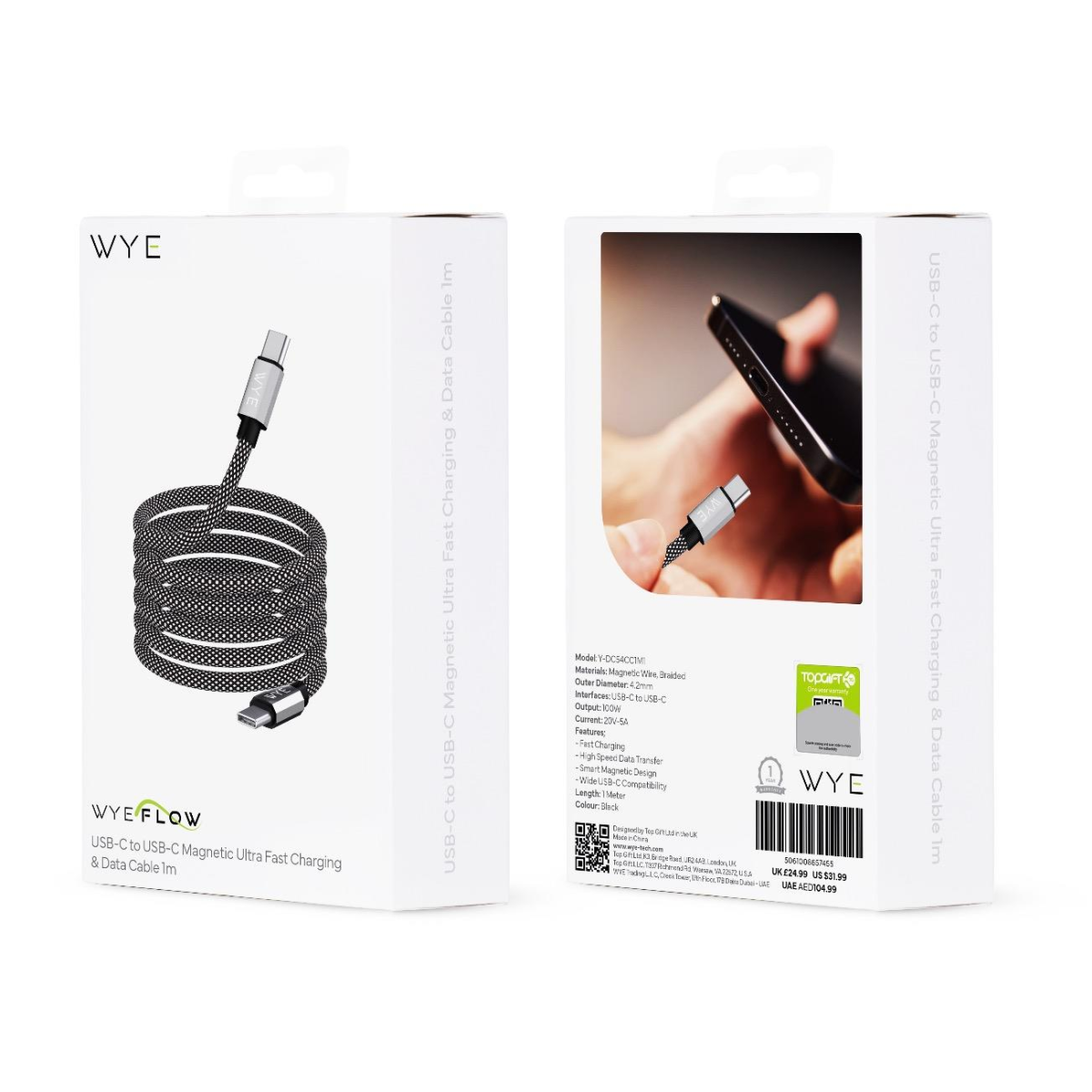 WYE USB to USB-C Magnetic 60W Fast Charging & Data Cable 1m
