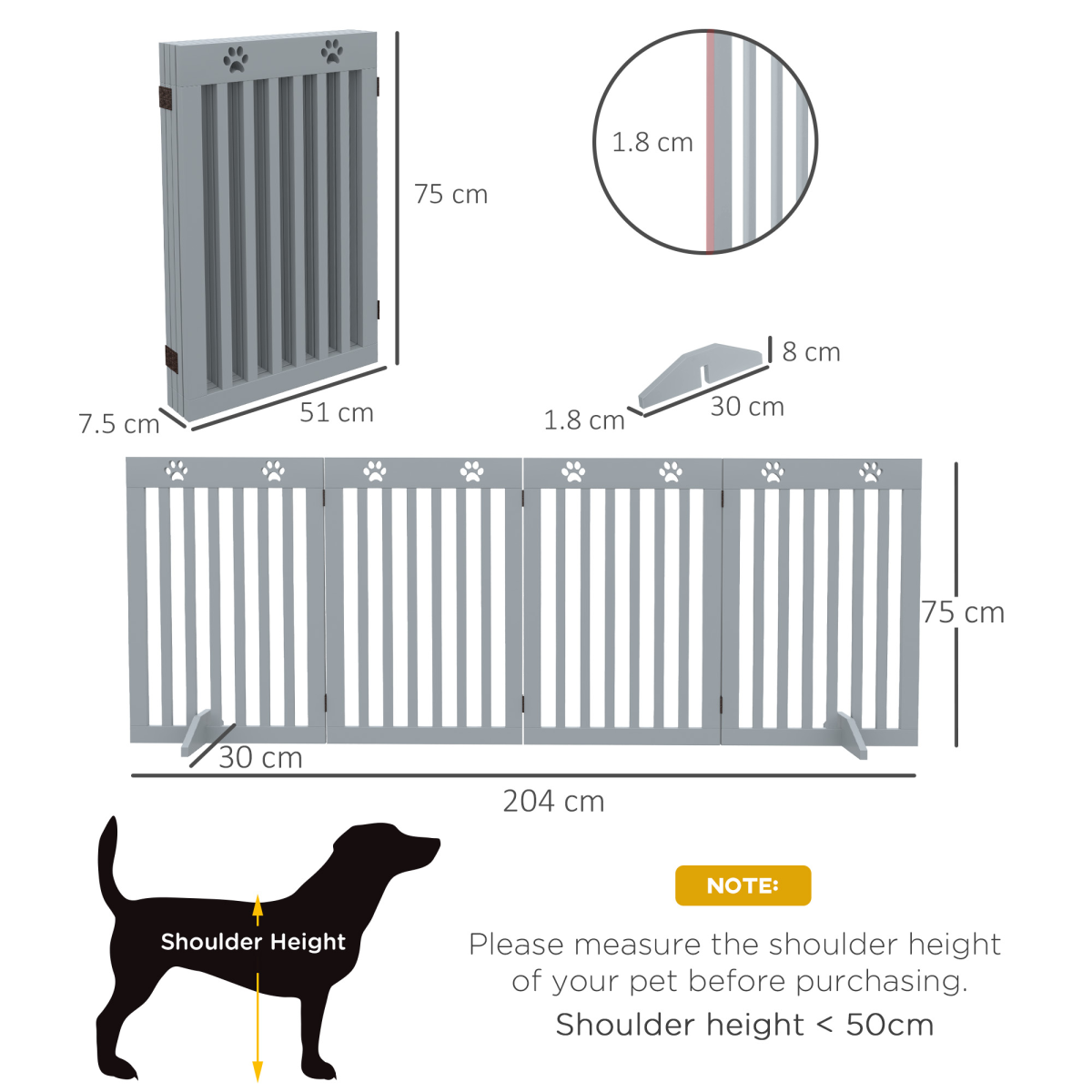 PawHut Foldable Freestanding Dog Gate with Support Feet, Grey