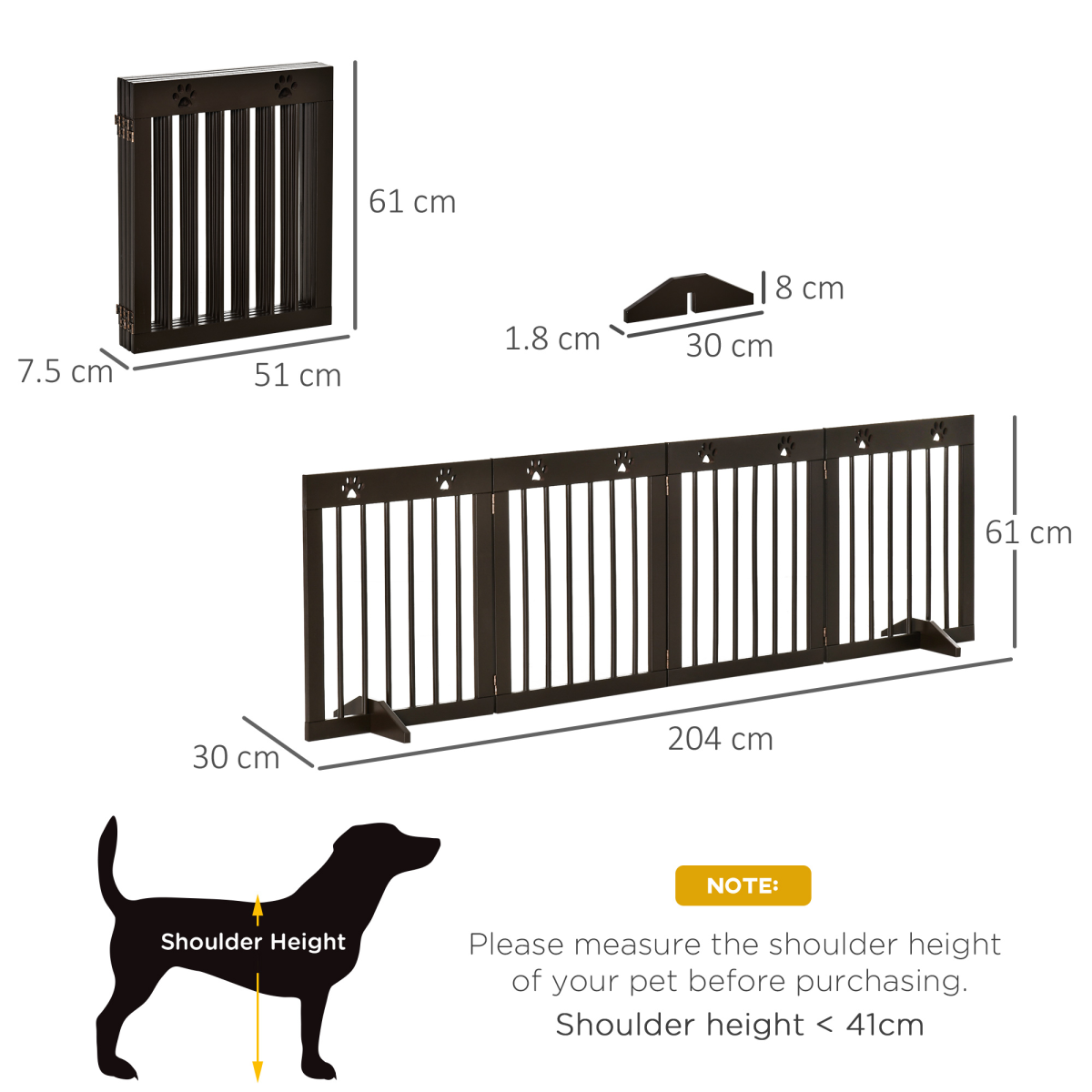 PawHut Freestanding 4-Panel Folding Wooden Dog Barrier with Support Feet