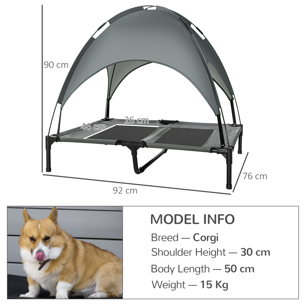 92 cm Elevated Dog Bed Raised Pet Cot with Removable Canopy, Steel Frame, for Small and Medium Pets Up to 20 kg, Pawhut
