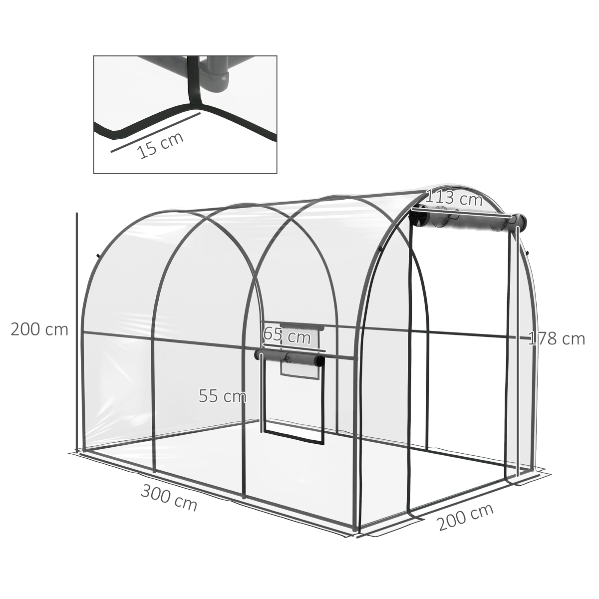 Outsunny 3 x 2 x 2m Clear Polytunnel Greenhouse with Roll-Up Door, Mesh Windows, Steel Frame