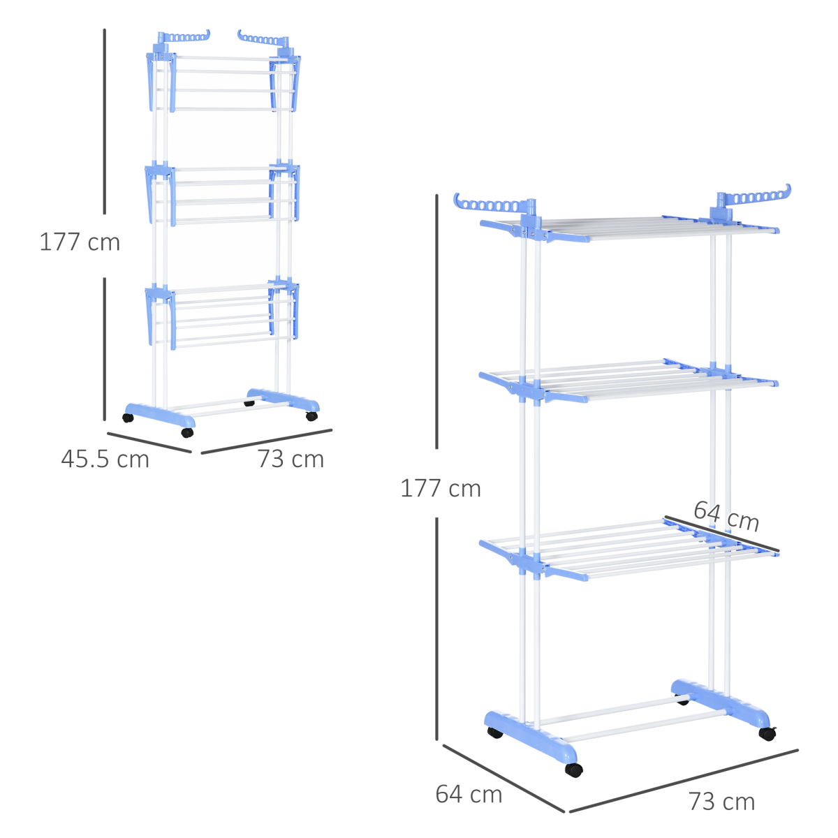 HOMCOM 3-Tier Foldable Steel Clothes Drying Rack with Wheels, Blue