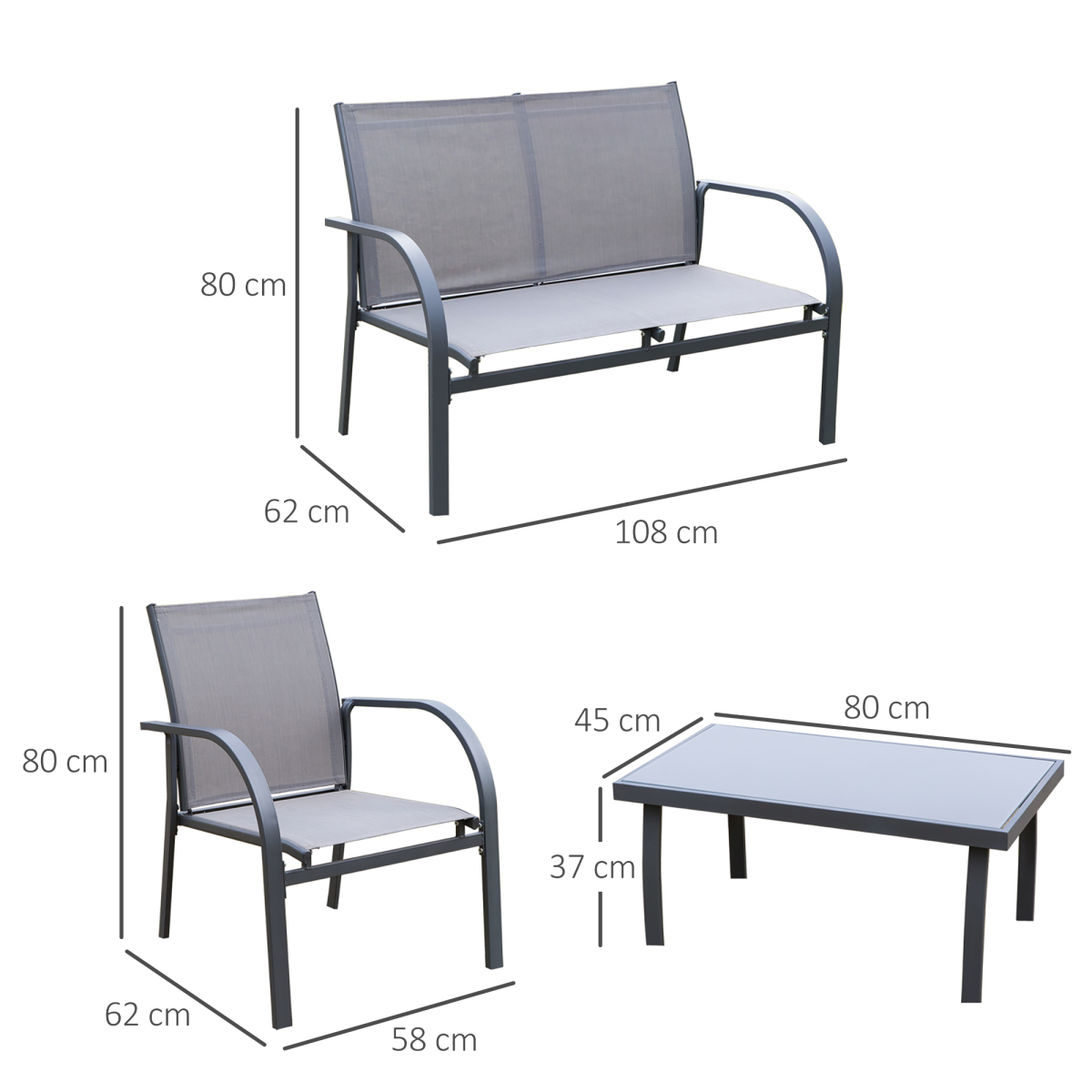 Outsunny 4 Piece Outdoor Dining Set with Loveseat, 2 Chairs and Tempered Glass Table, Grey