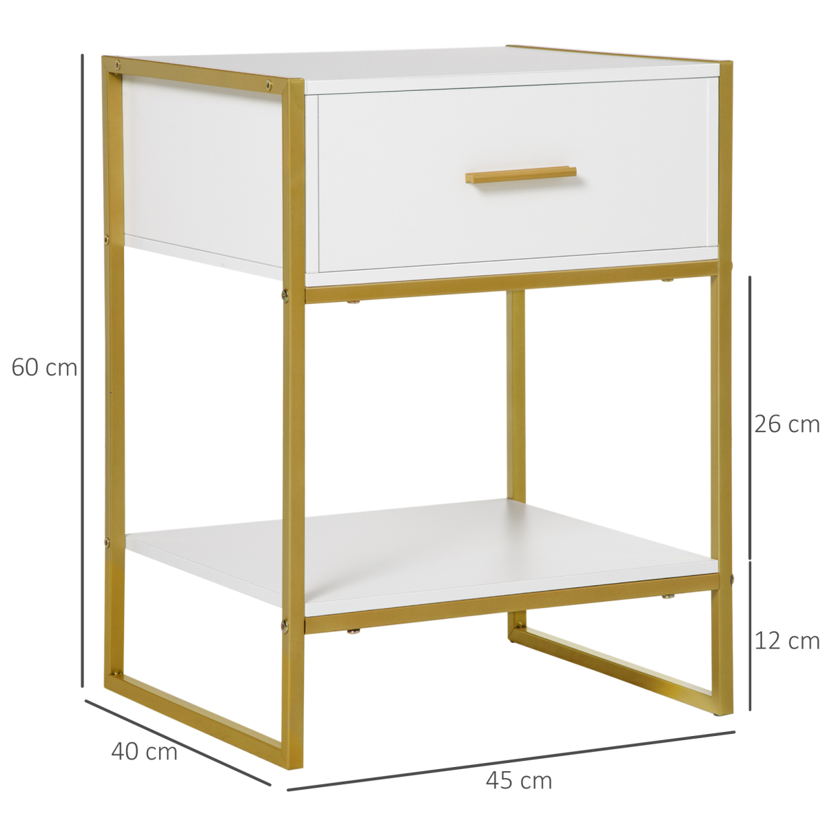 Modern White and Gold Bedside Table Nightstand with Drawer and Shelf