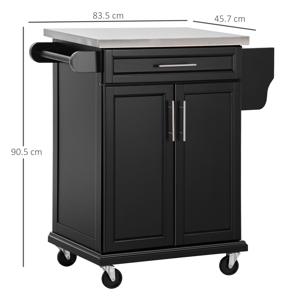 Rolling Kitchen Cart Storage Trolley with Drawer, Towel Rail, Stainless Steel Worktop, Lockable Wheels, Black