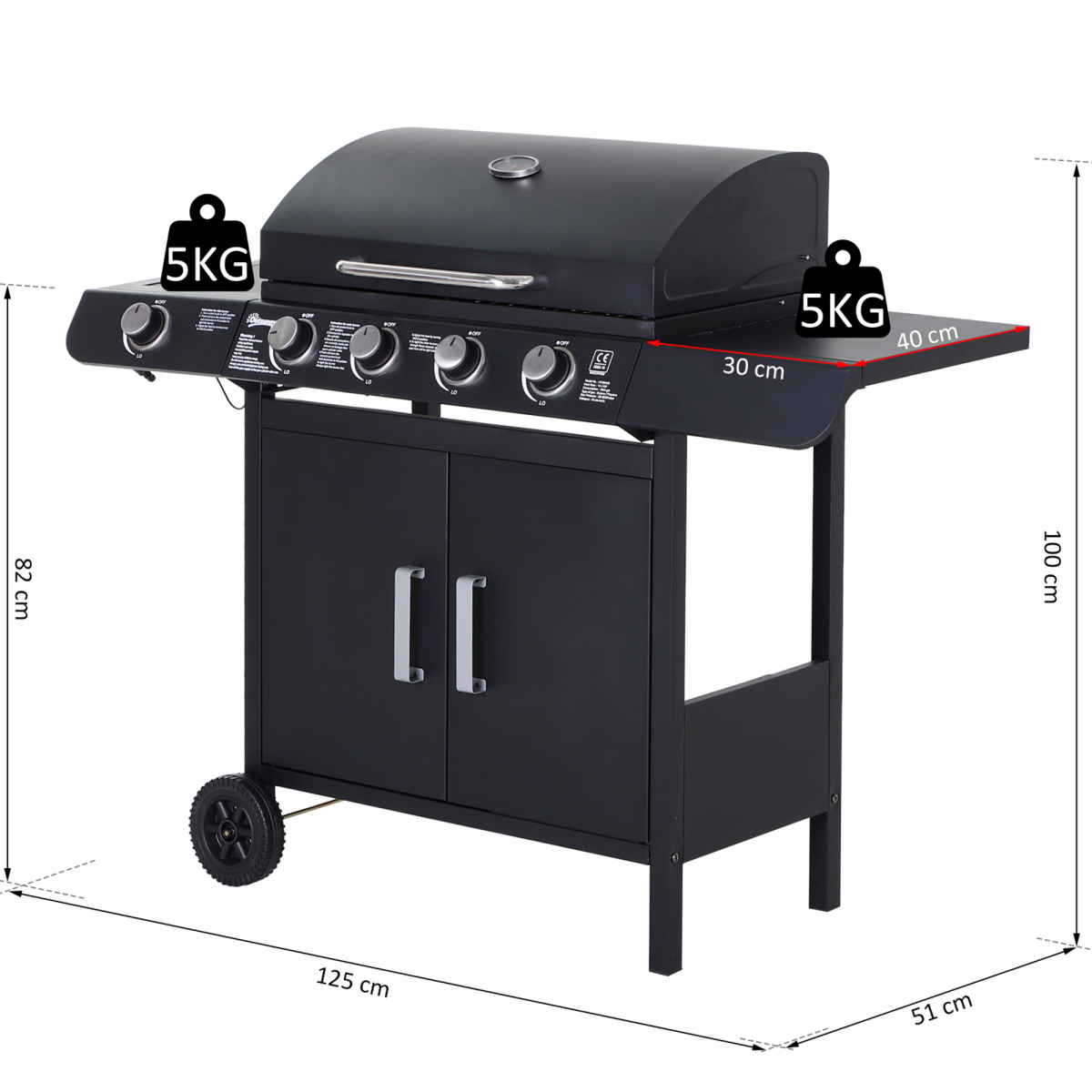 Outsunny 4+1 Gas BBQ Grill with 4 Stainless Steel Burners, Aluminium Side Burner, Lid, Thermometer, Wheels, Steel Black