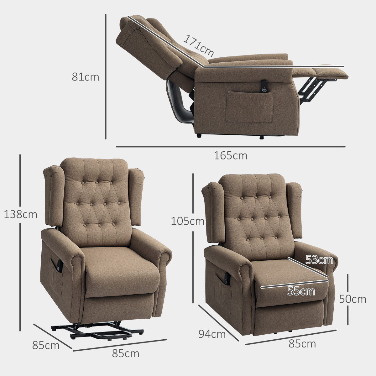 HOMCOM Power Lift Recliner Armchair, Wingback, Button Tufted, Dark Brown