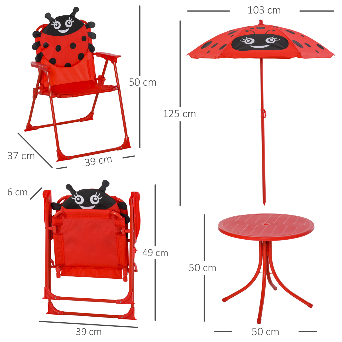 Kids 4-Piece Folding Picnic Table and Chair Set, Ladybird Parasol