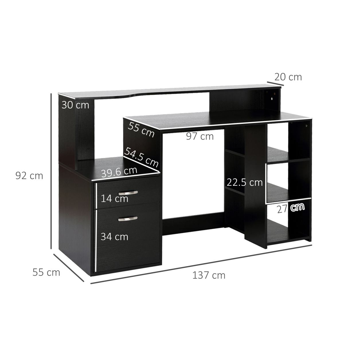 HOMCOM Multi-Storage Workstation Desk Table with Side Shelves, Drawer Cabinet and Printer Space, Black