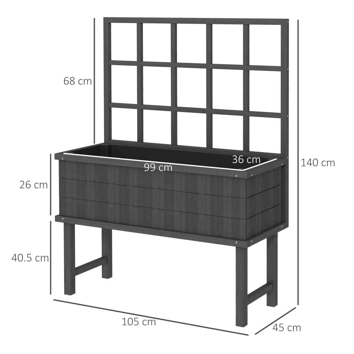 Outsunny Wood Raised Planter with Trellis, Drain Holes, Elevated Garden Bed, Grey