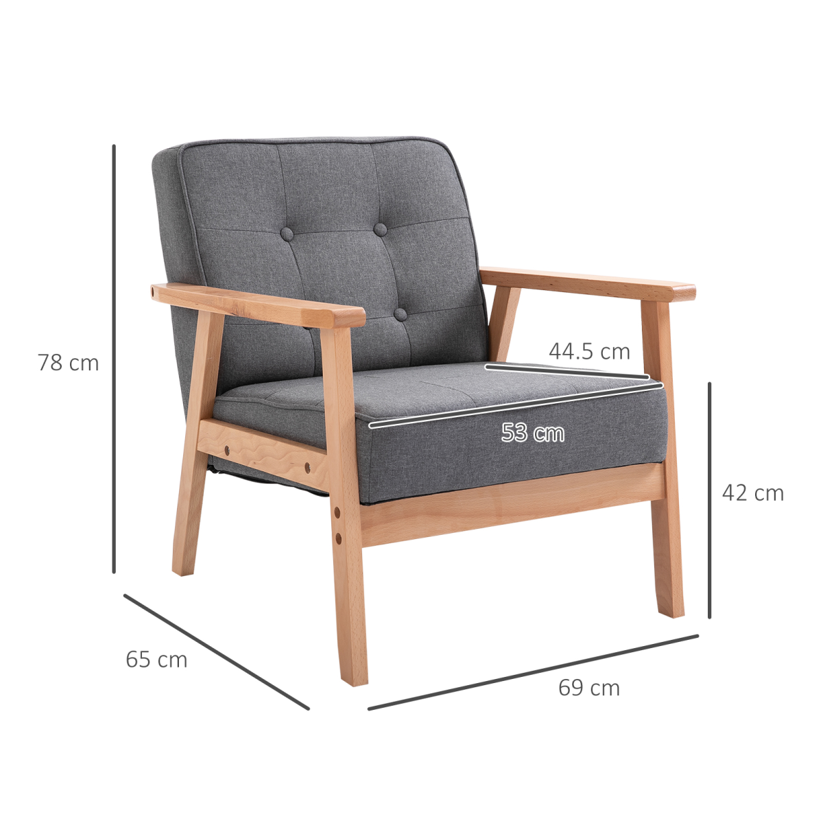 HOMCOM Retro Armchair with Beech Wood Frame, Grey Linen Upholstery