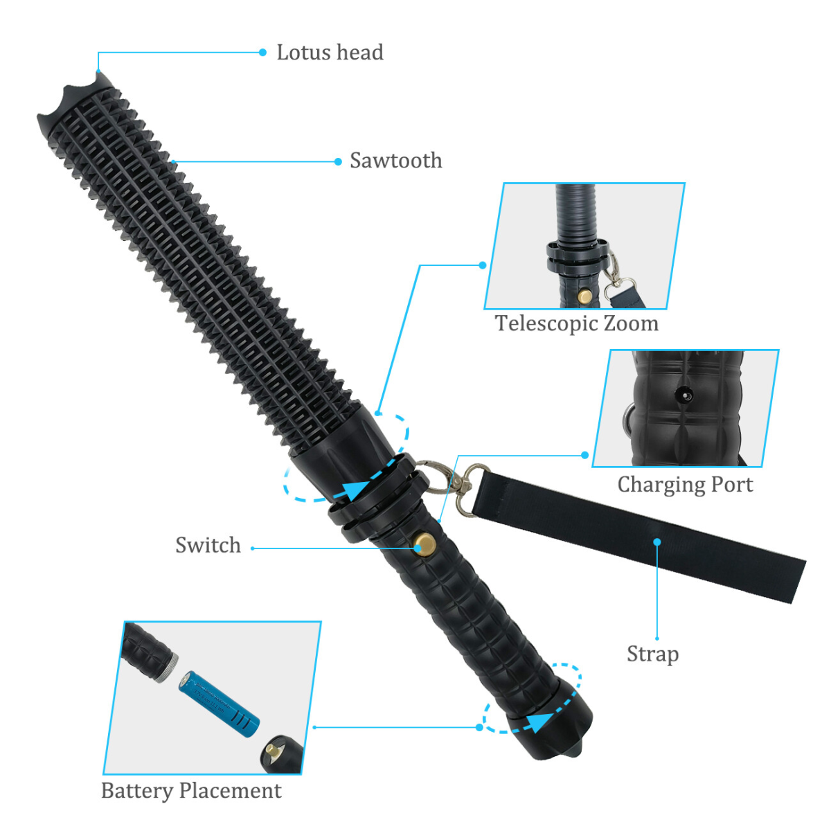 USB Rechargeable LED Flashlight Retractable Torch 3-Mode Zoomable Security Light Outdoor Flashlight Set