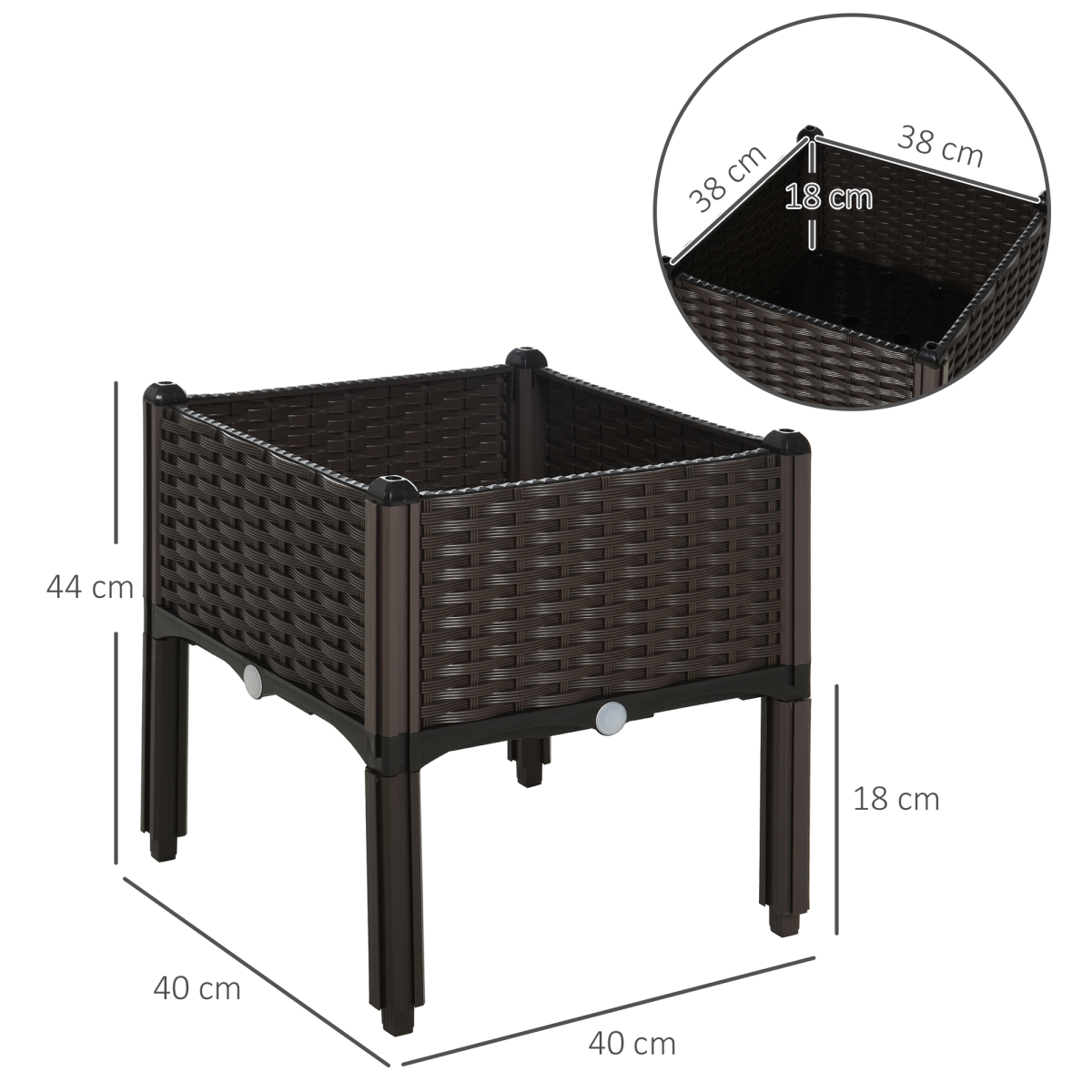 Outsunny Raised Outdoor Garden Planter Box Brown Rattan-Effect Plastic Self-Watering Disk