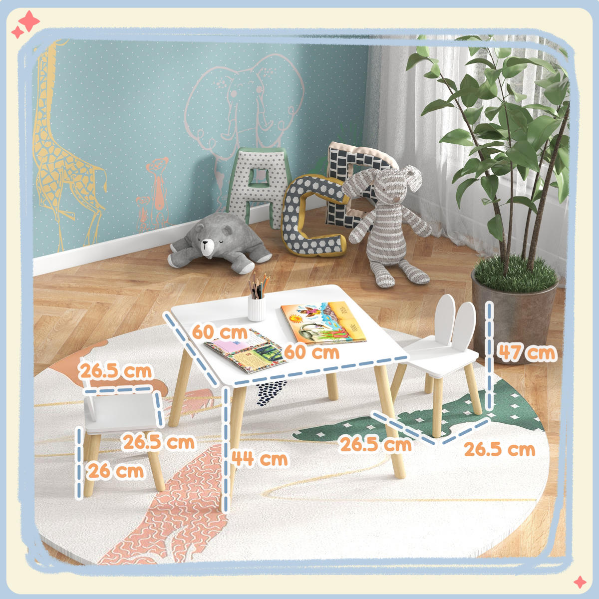 AIYAPLAY 3-Piece Toddler Table and Chair Set, Bunny Ear Design