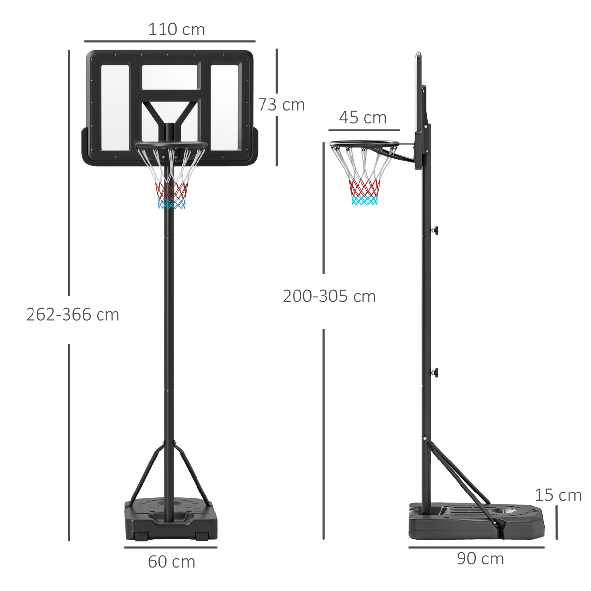 SPORTNOW Basketball Backboard Hoop Net Set with Wheels, 200-305cm, Black