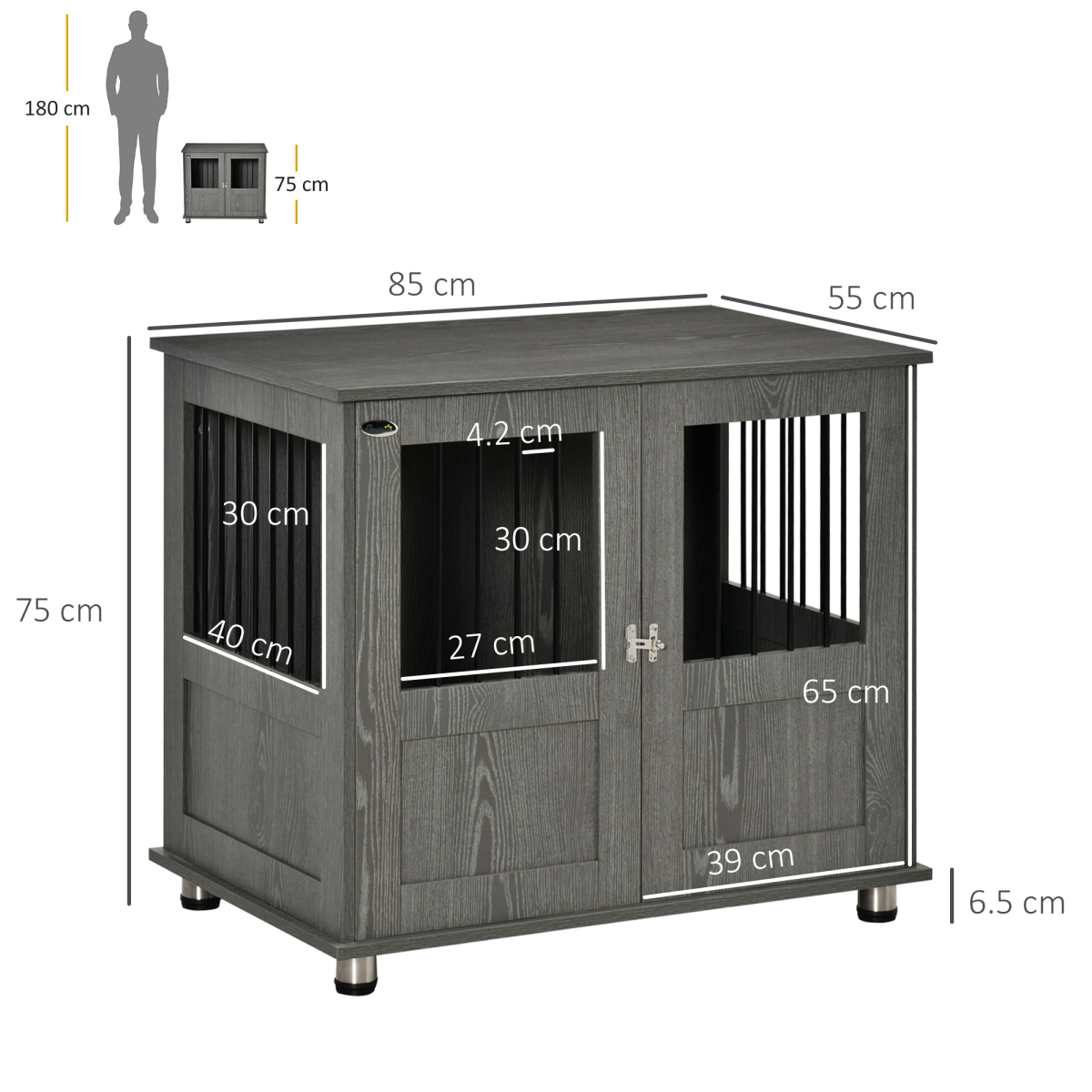 PawHut Wooden & Wire Dog Cage for Medium Dogs, Stylish Pet Kennel with Magnetic Doors, Wide Top and Elevated Base