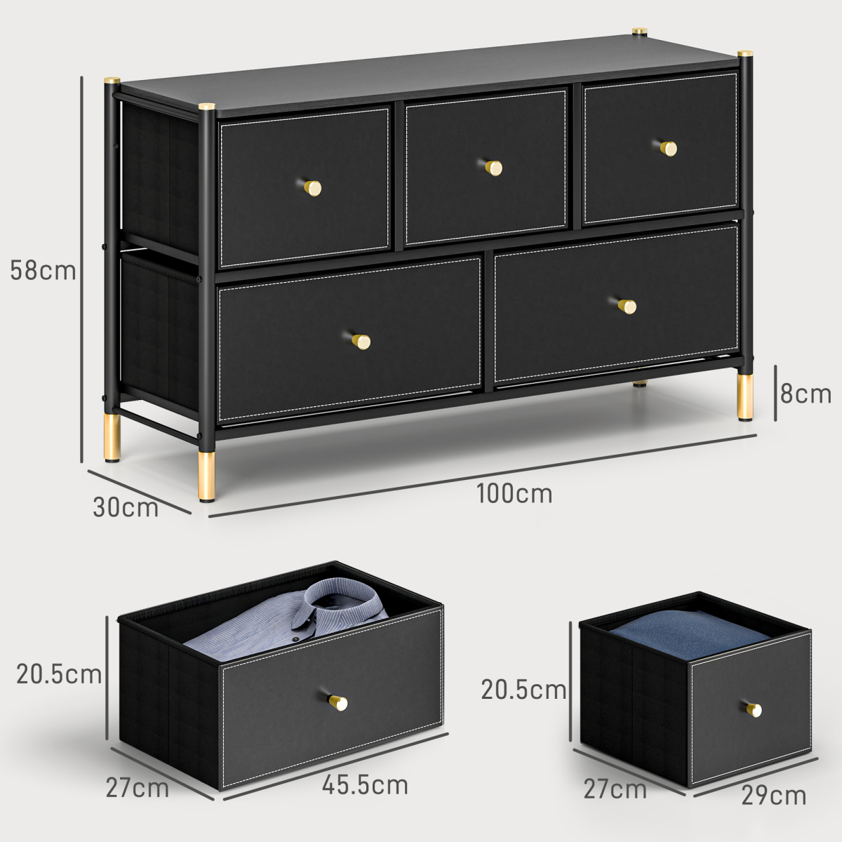 HOMCOM Black Fabric Chest of Drawers with PU Leather Surface