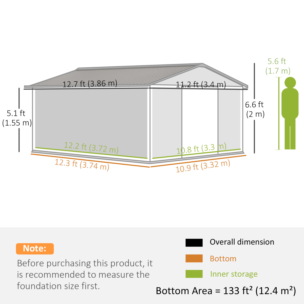 Outsunny 13ft x 11ft Green Metal Storage Shed with Sliding Double Doors, Sloping Roof, Ventilation and Floor Foundation