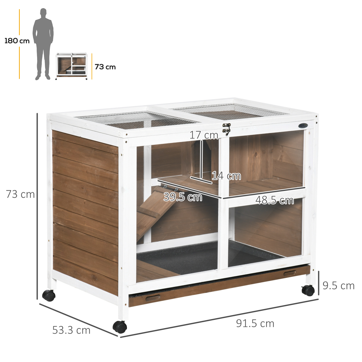PawHut Indoor Two-Floor Fir Wood Rabbit Hutch with Pull-Out Tray, Ramp and Wheels, Brown