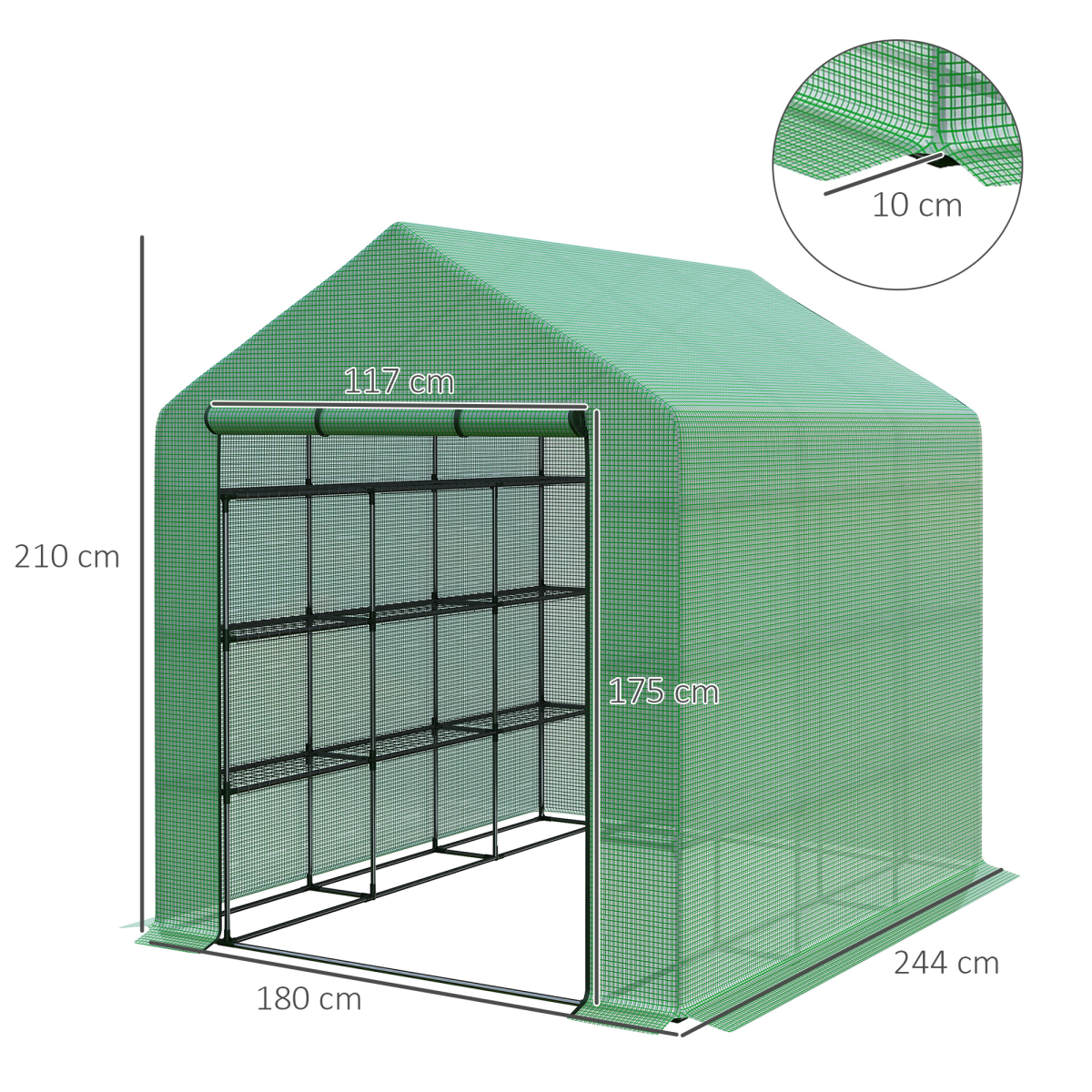 Outsunny Poly Tunnel Walk-In Greenhouse with Removable Cover and Shelves 244 x 180 x 210 cm