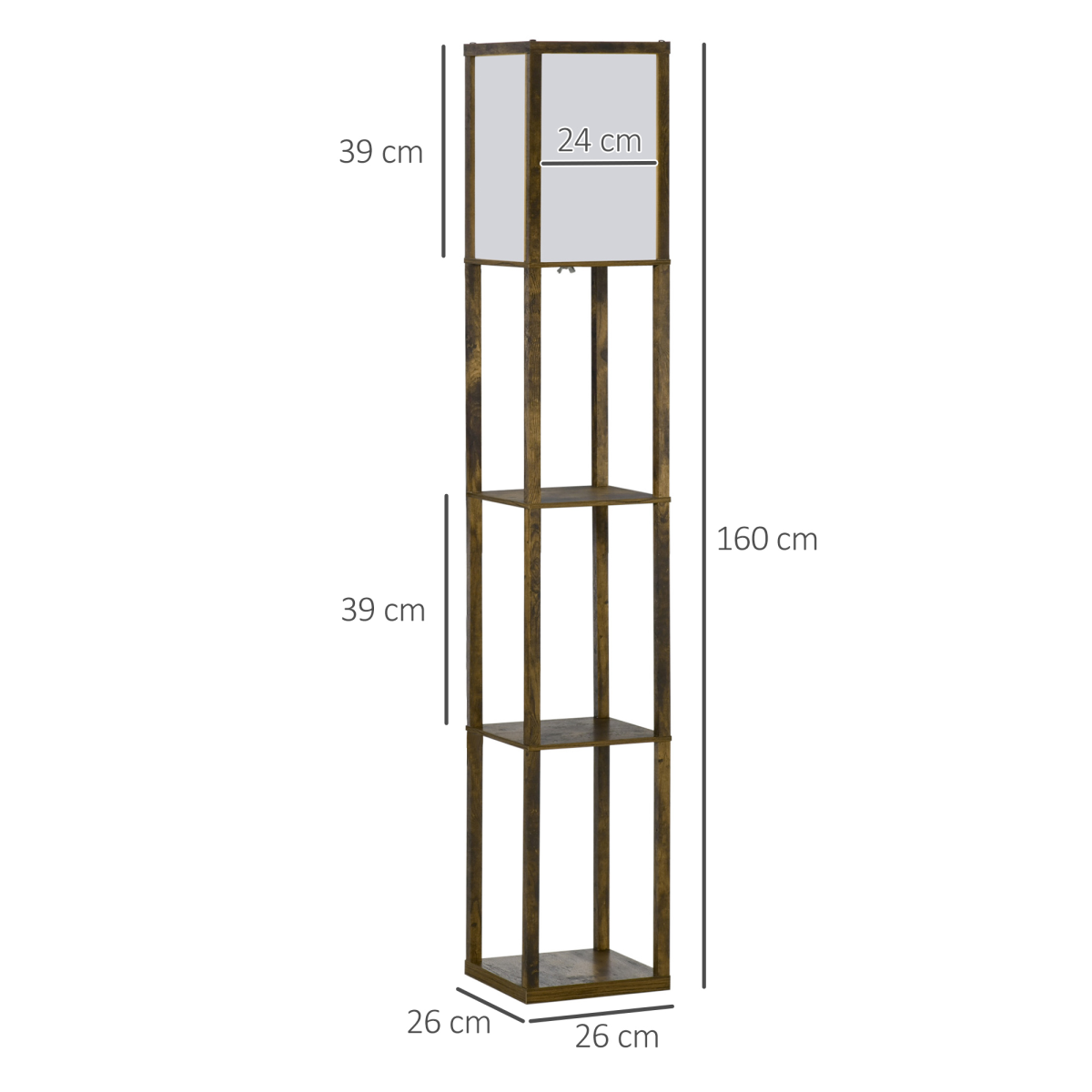 HOMCOM Floor Lamp with 3 Storage Shelves, Brown, E27 Bulb Base, Foot Switch