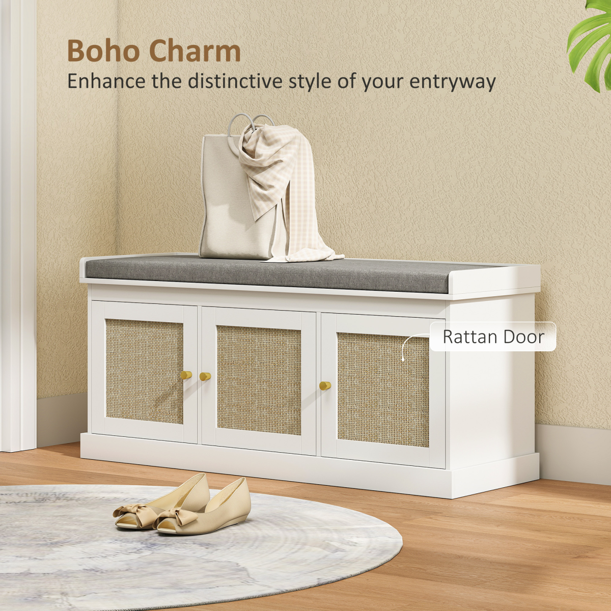 HOMCOM Shoe Storage Bench with Rattan Doors and Cushion