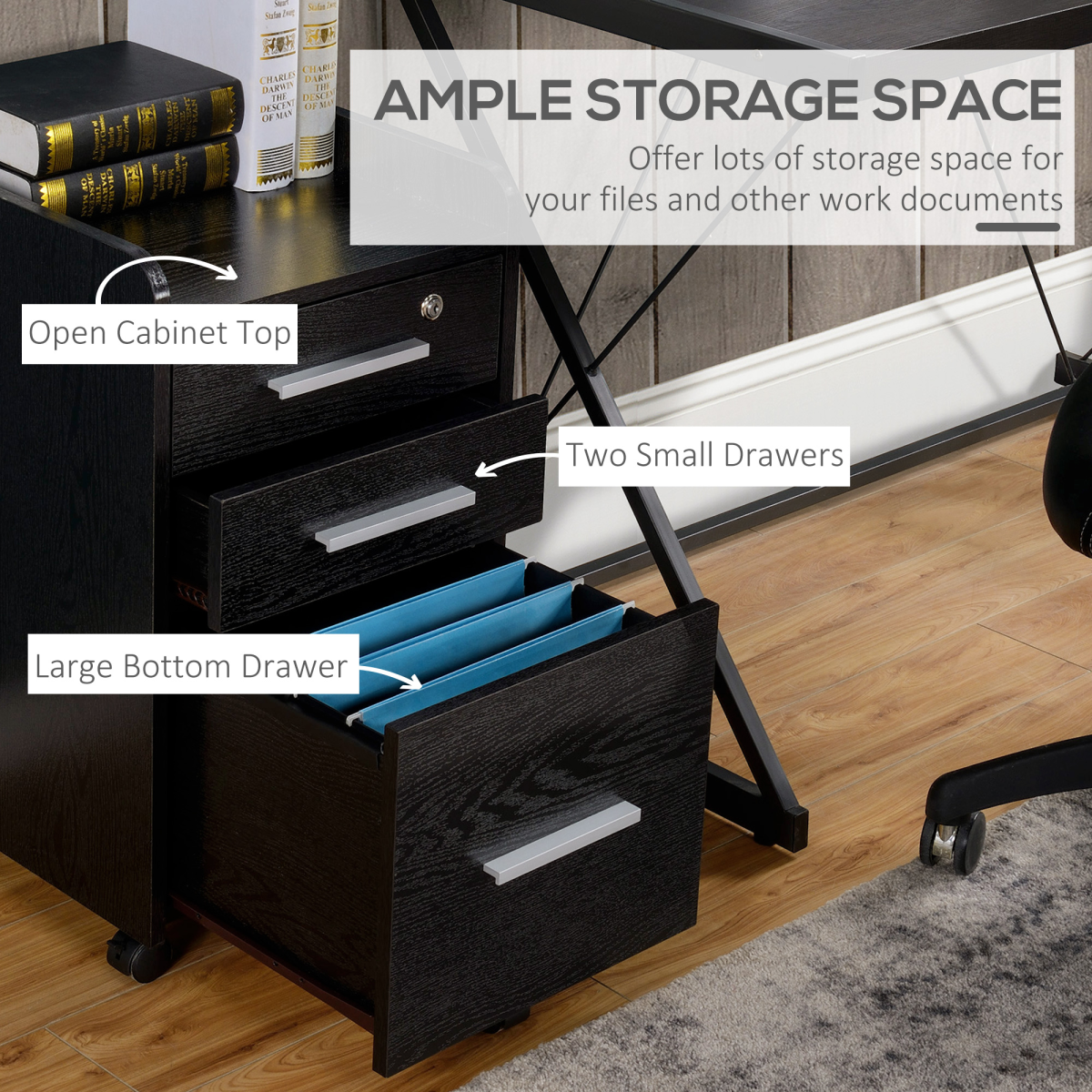 HOMCOM Compact Black Office Storage Cart with Wheels, 3 Drawers