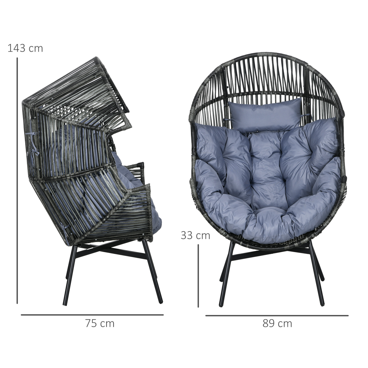 Outsunny Grey Rattan Egg Chair with Cushion and Headrest