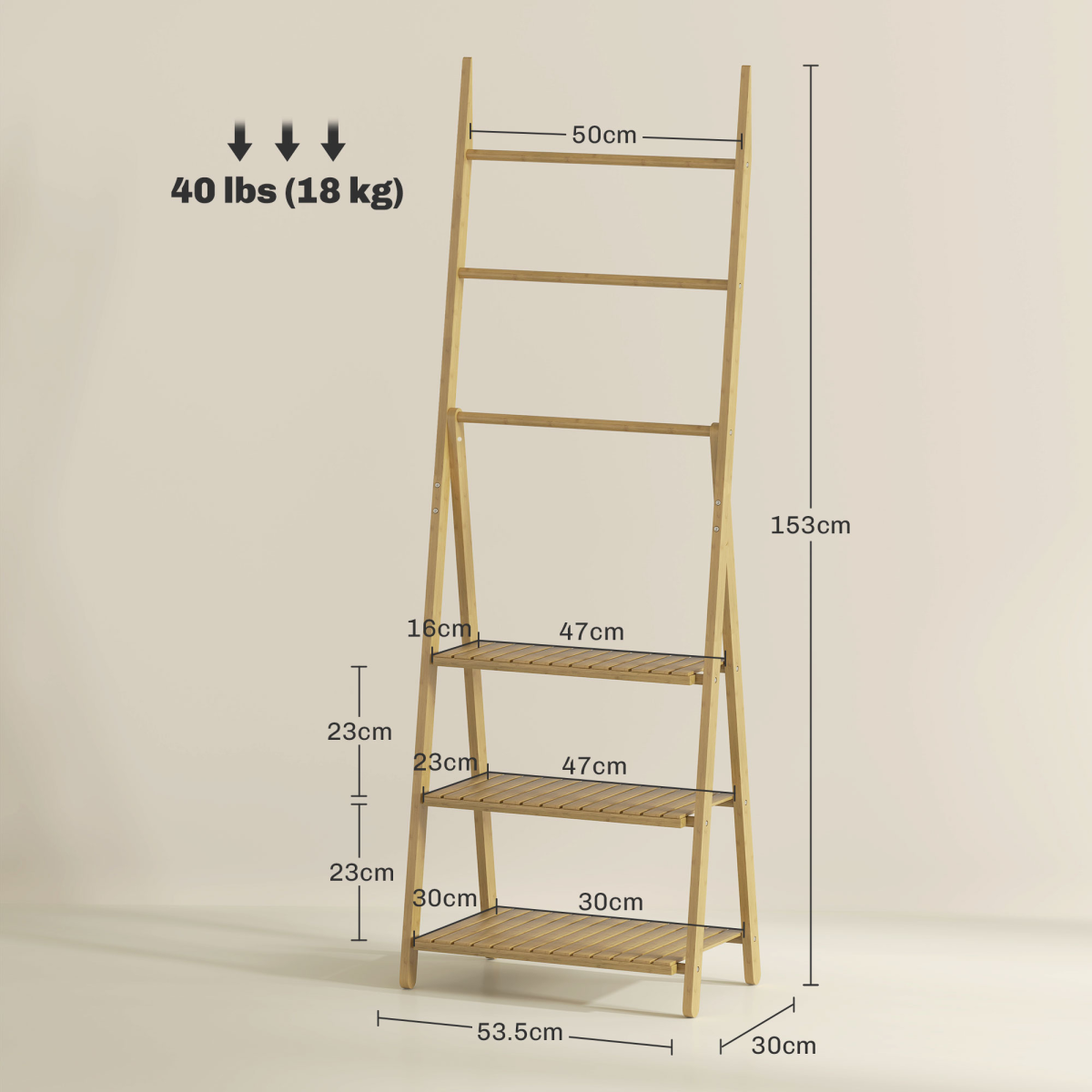 HOMCOM 3-Tier Folding Bamboo Bathroom Shelf with Towel Bars