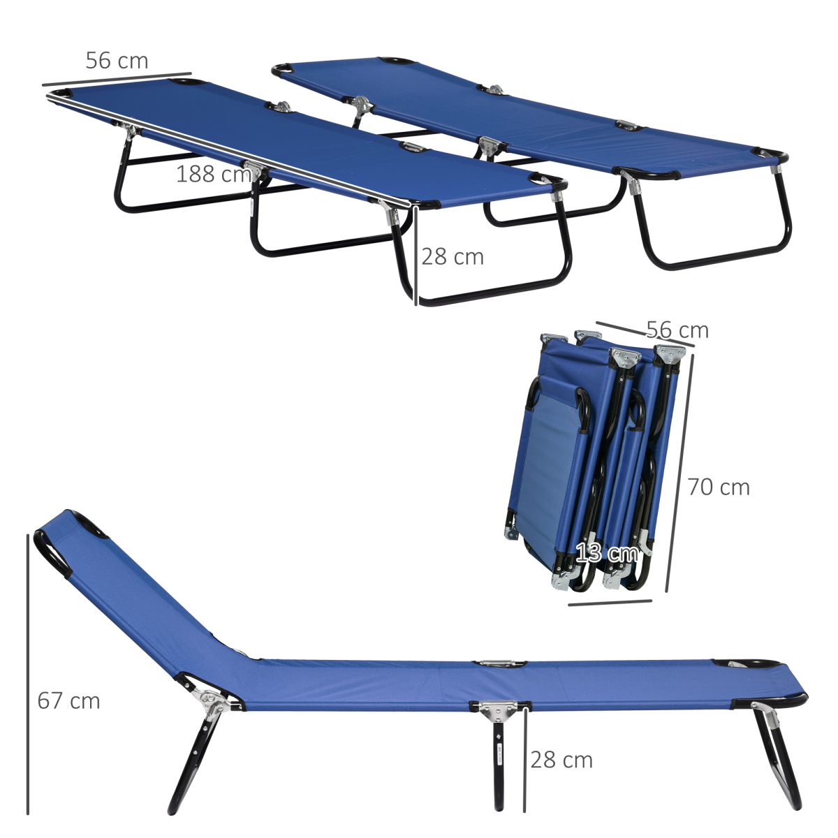 Outsunny Set of 2 Folding Sun Loungers with Adjustable Backrest, Blue