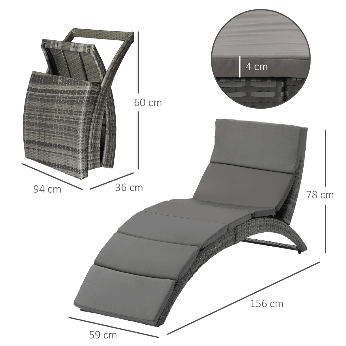 Garden Patio Rattan Wicker Folding Sun Lounger Cushion Grey