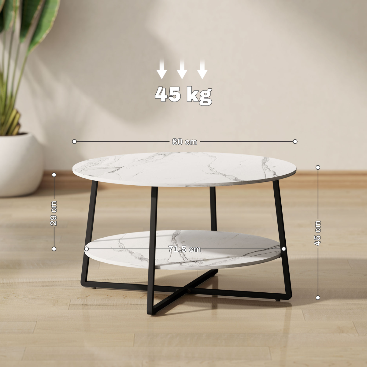 HOMCOM Round Coffee Table with Storage Shelf, Marble-Effect Top, White