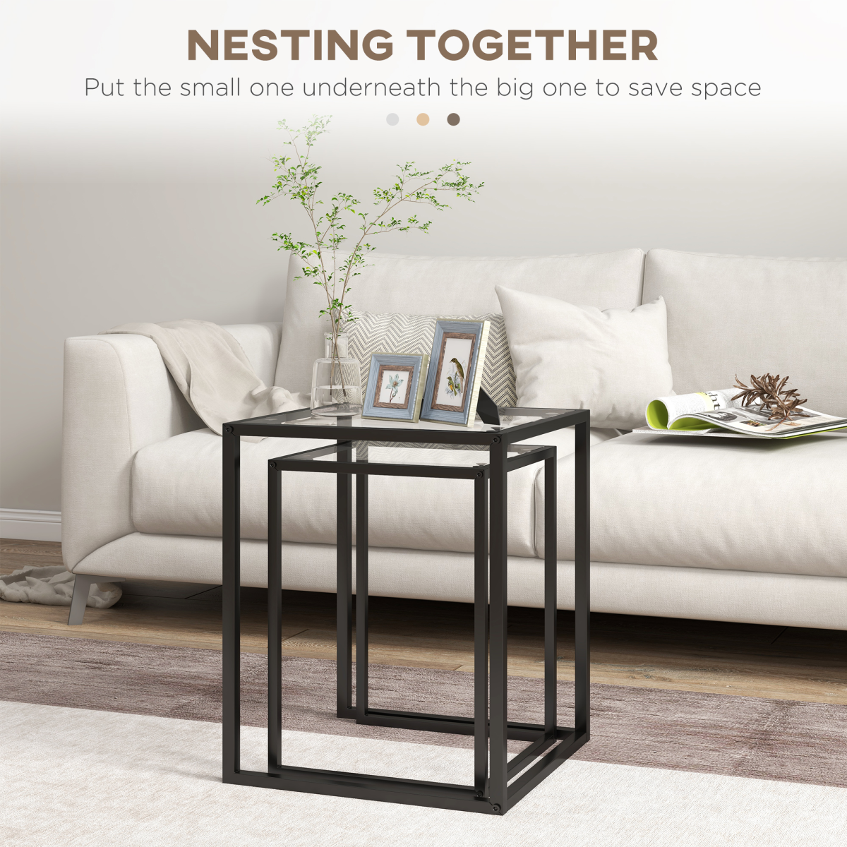 HOMCOM 2-Piece Nesting End Tables with Tempered Glass Top, Black