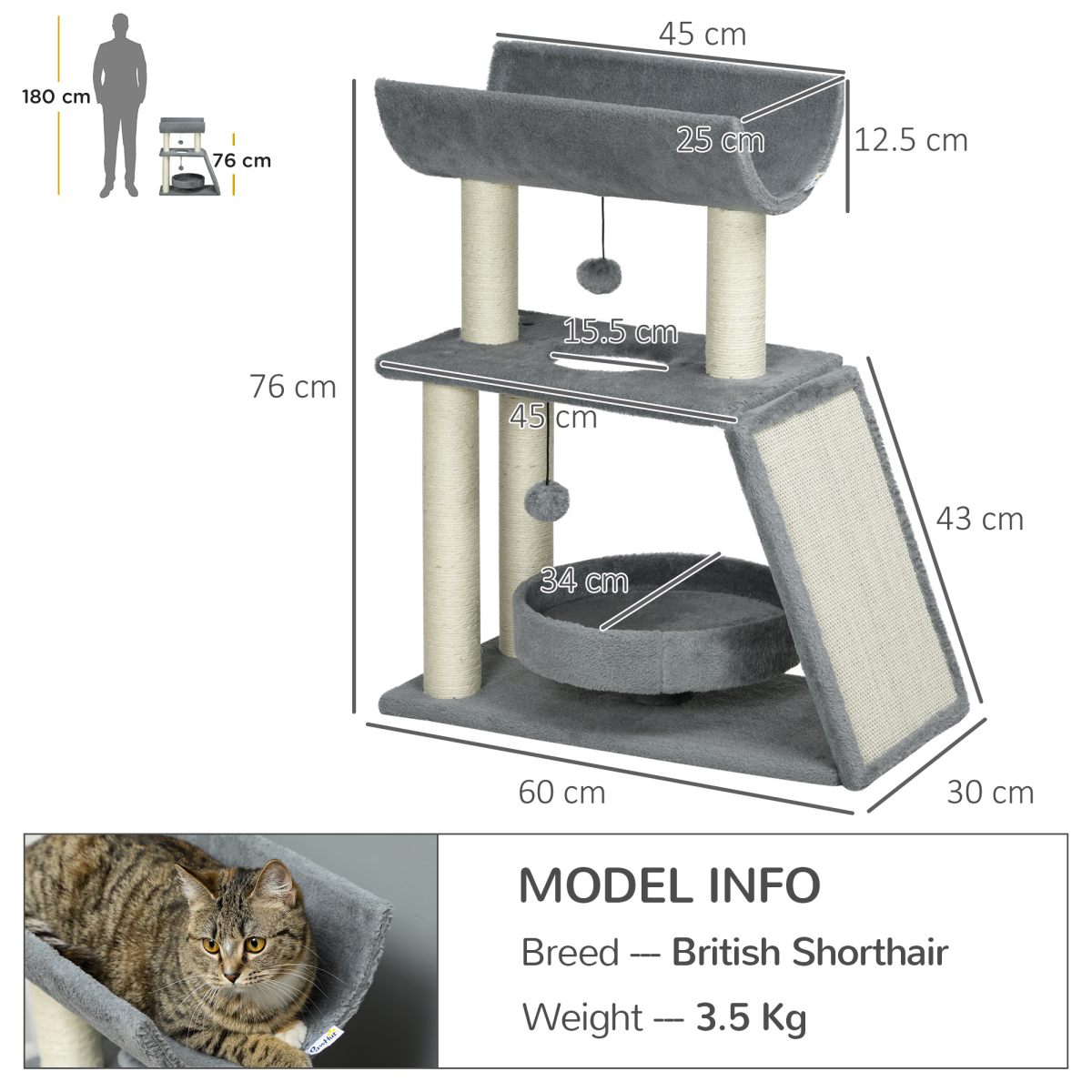 PawHut Light Grey Indoor Cat Tree Tower with Scratching Posts & Toy Ball