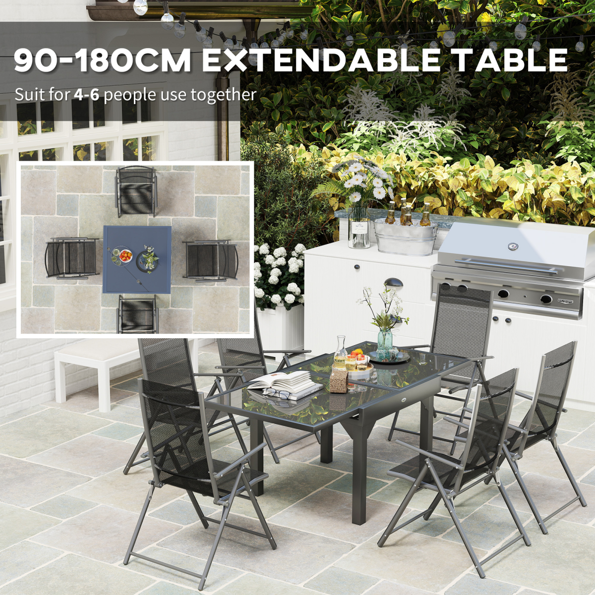 Outsunny 7-Piece Grey Dining Set with Expandable Table, 4-6 Seats