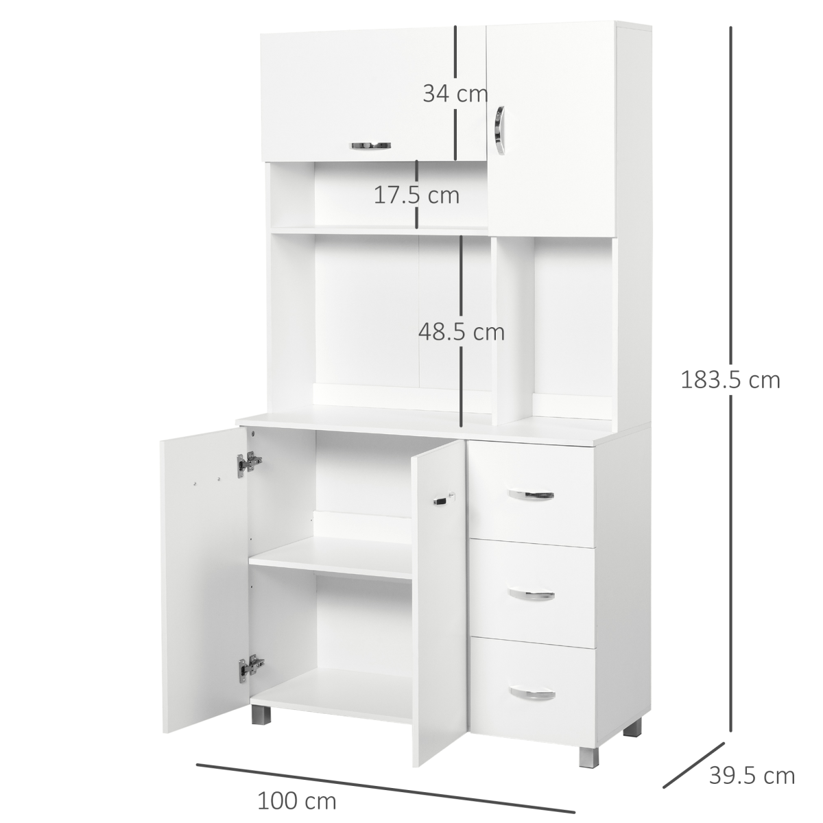 Freestanding White Kitchen Storage Cabinet with Drawers & Cupboards