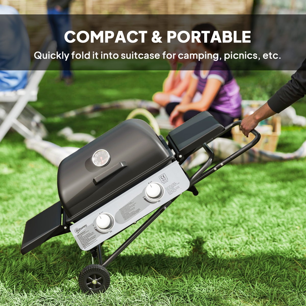 Outsunny Portable Foldable Gas Barbecue Grill with Thermometer, Black