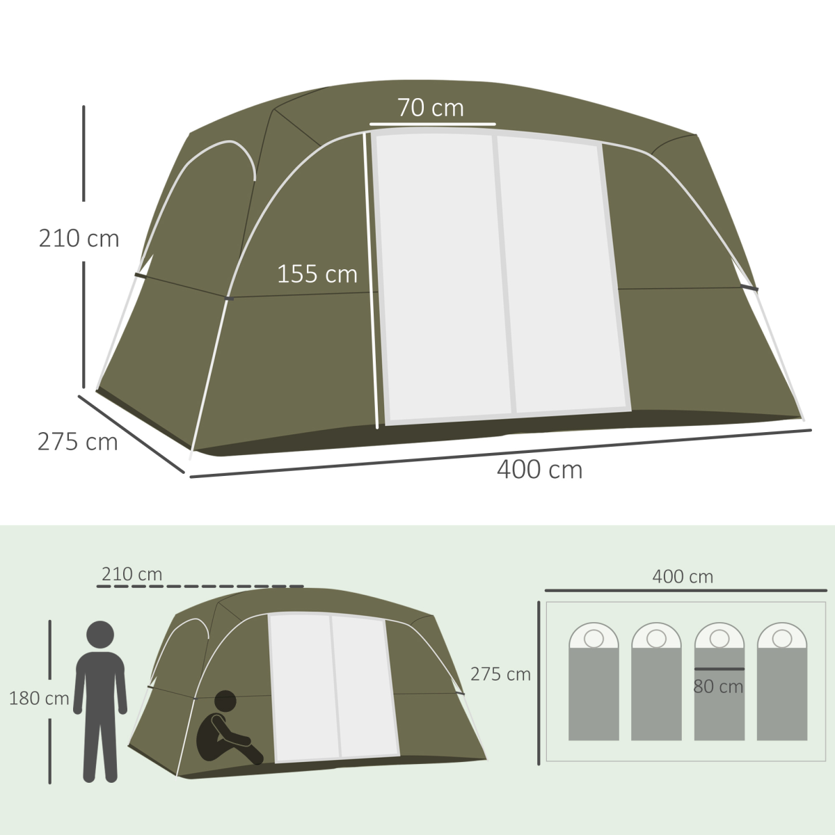 Outsunny Family Camping Tent, 4-8 Person, 2-Room, Easy Set Up, Green