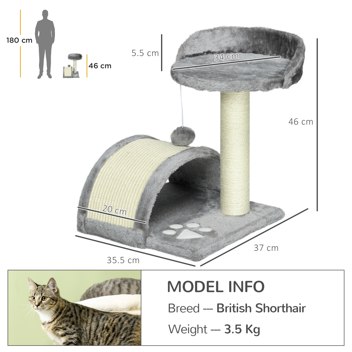 PawHut Cat Tree with Sisal Scratching Post & Toy Ball