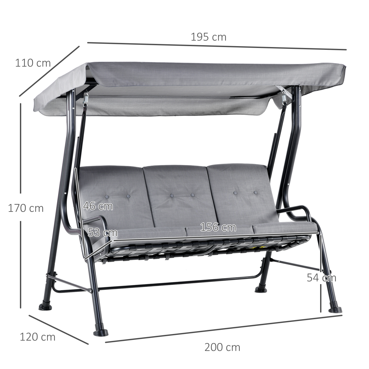 Outsunny 3 Seater Grey Garden Swing Chair with Padded Seat, Adjustable Canopy and Steel Frame