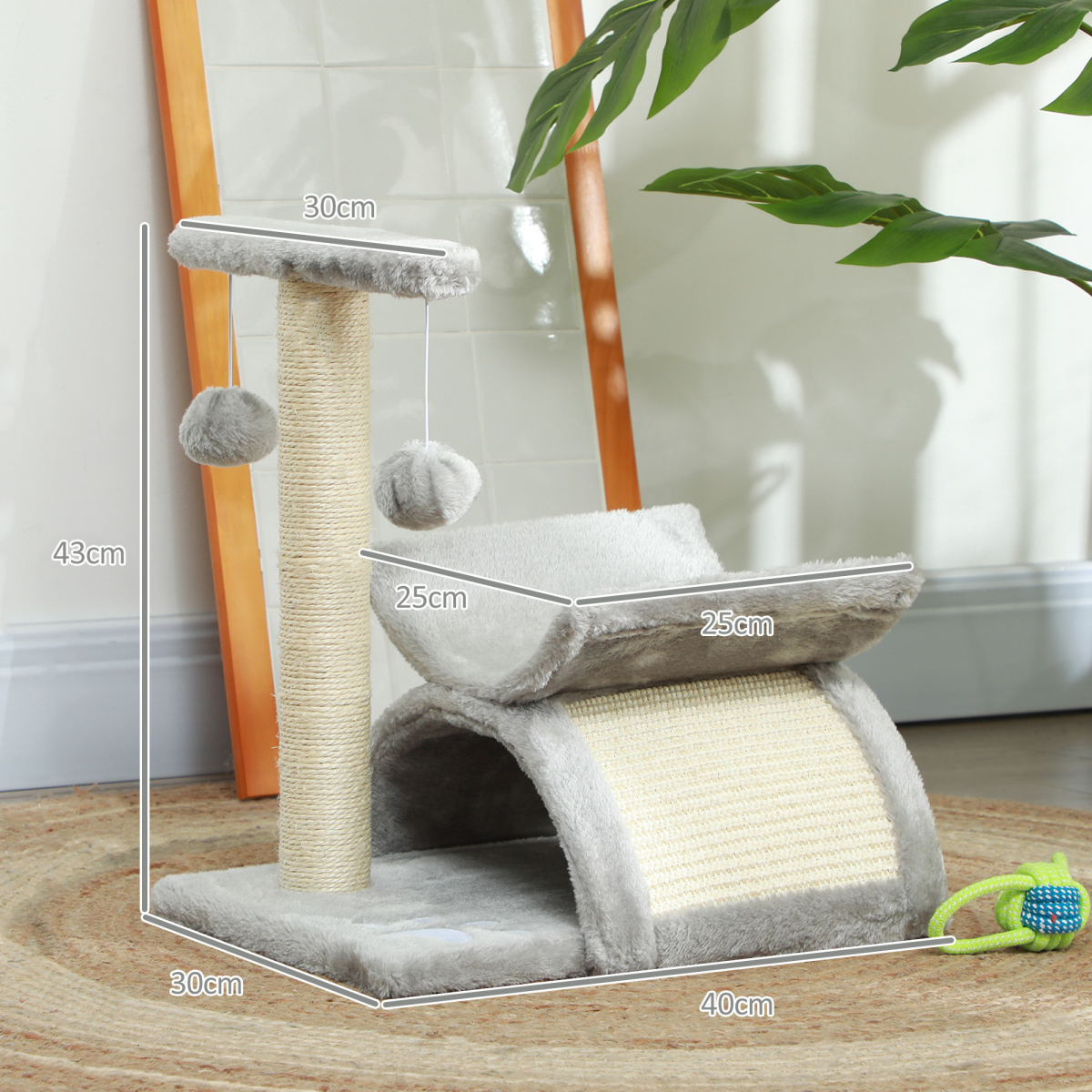 PawHut Small Cat Play Tower Plush Scratcher with Tunnel, Scratching Bridge and Dangling Balls