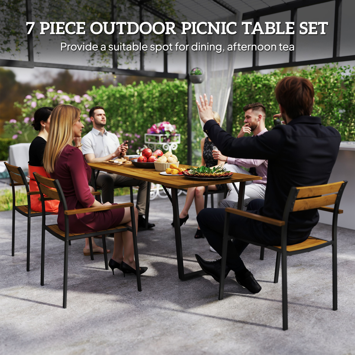 Outsunny 7 Piece Brown Garden Dining Set with Table and Stackable Chairs