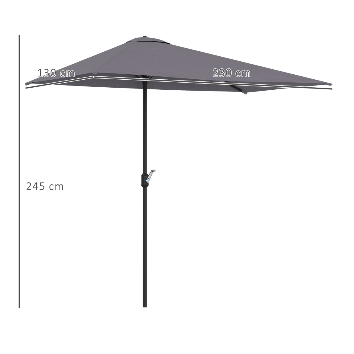 Outsunny Half Round Parasol Umbrella with Crank, 2.3m, Grey, No Base Included
