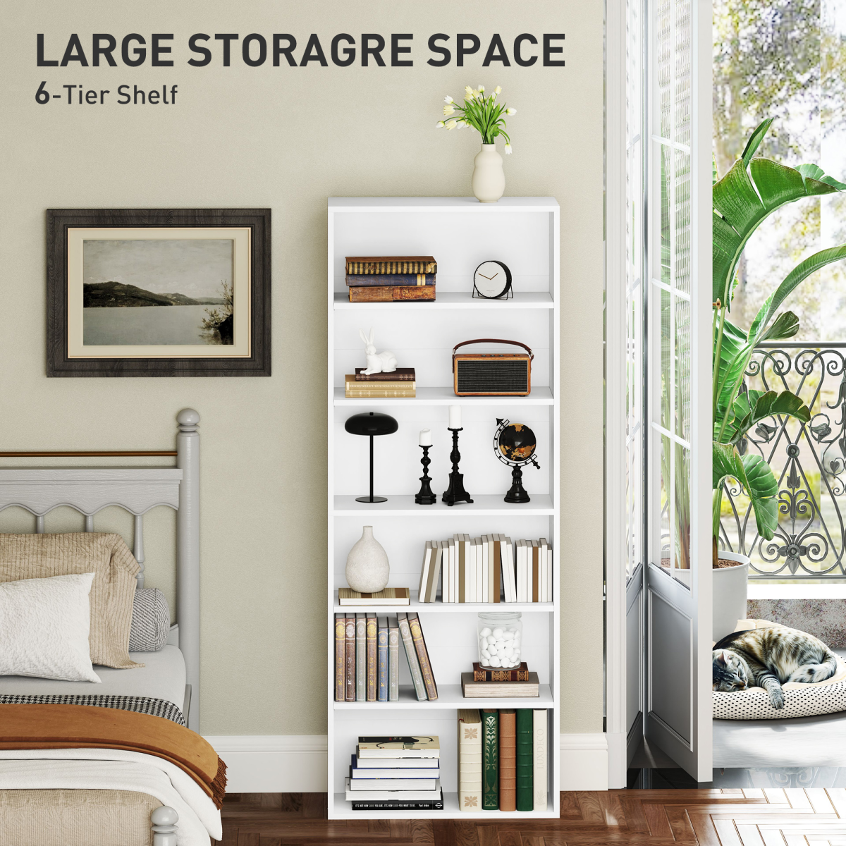 HOMCOM 6-Tier Freestanding White Bookcase with Adjustable Shelves