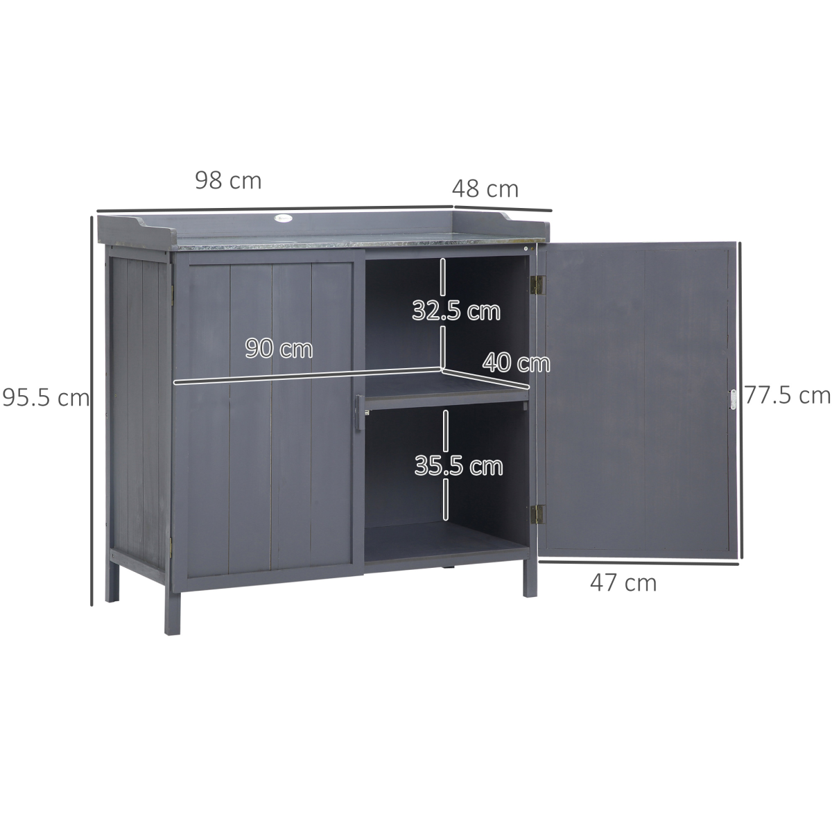 Outsunny Garden Storage Cabinet Potting Bench Table, Grey, Galvanised Metal Surface, Two Shelves, Magnetic Doors, Fir Wood Body