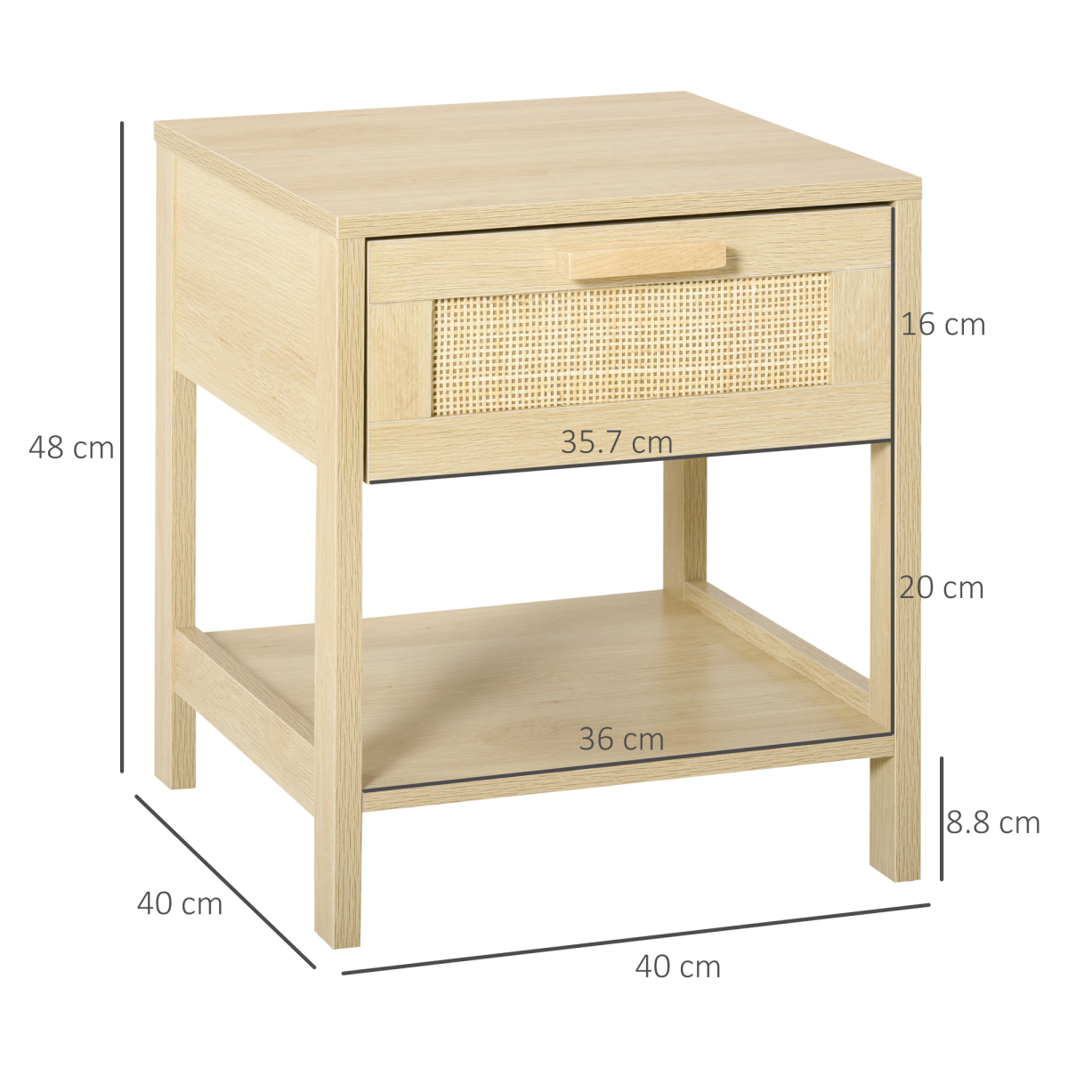 Rattan Nightstand with Drawer & Shelf, Wood-Effect Bedside Table