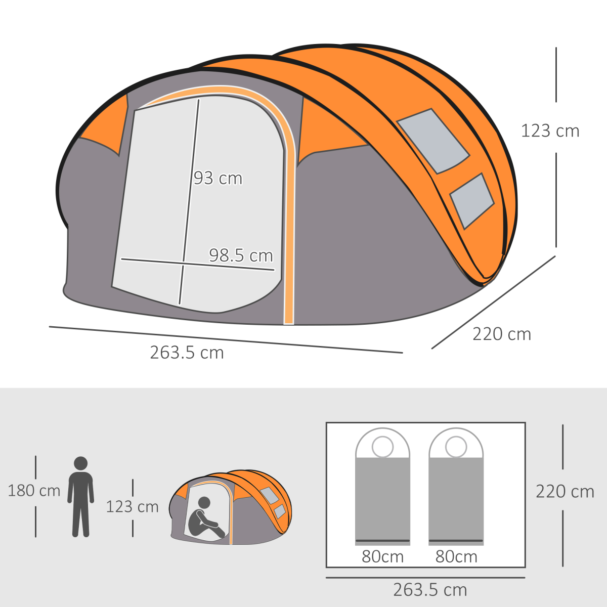 Camping Tent Dome Pop-up Tent with Windows for 4-5 Person Orange Outsunny